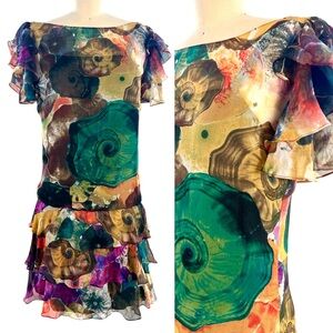 Catherine Malandrino 100% Silk Ruffle Sleeve and Hem Dress Sz 2 Nautilus Print